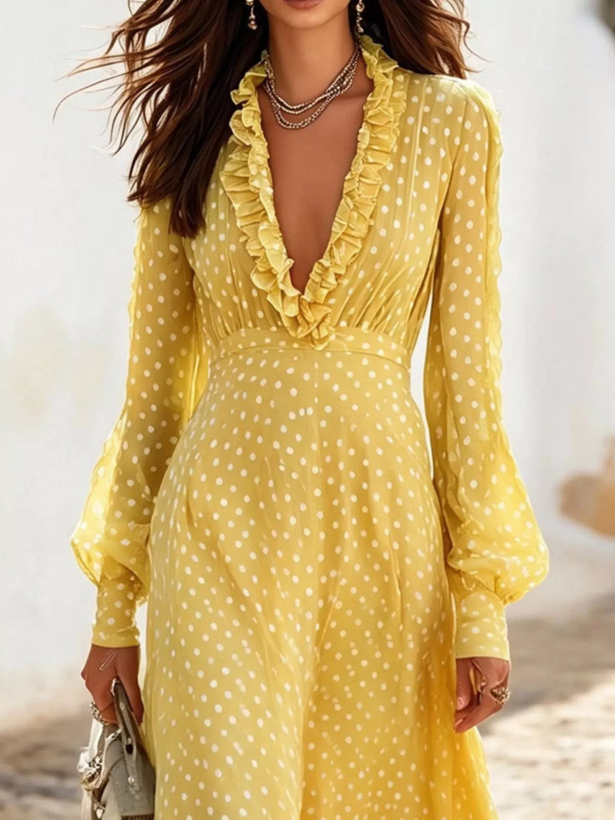 Polka Dot Ruffle V-Neck Maxi Dress