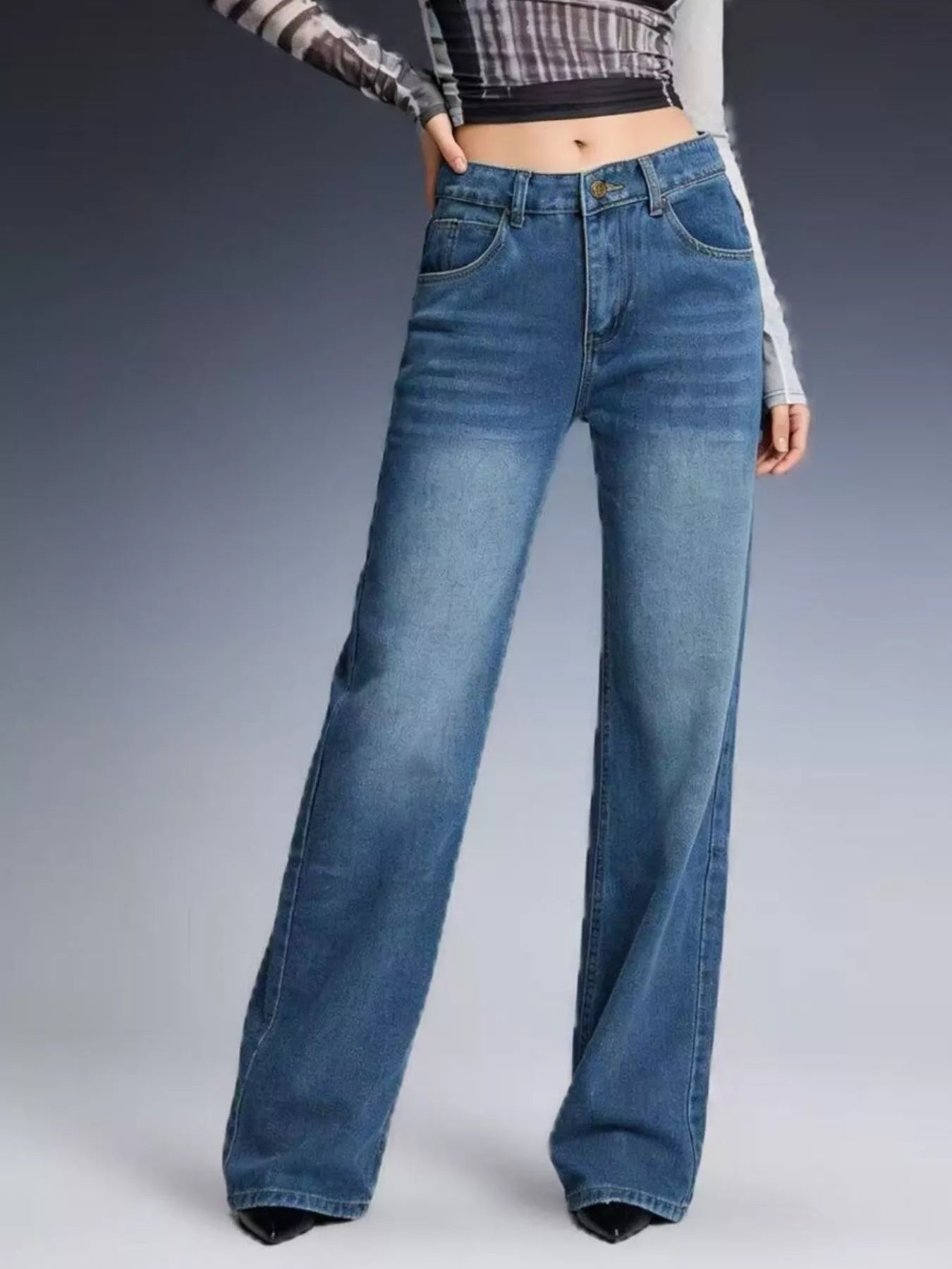 Vintage Wash Wide Leg Jeans in Blue by Dreamy Drapes