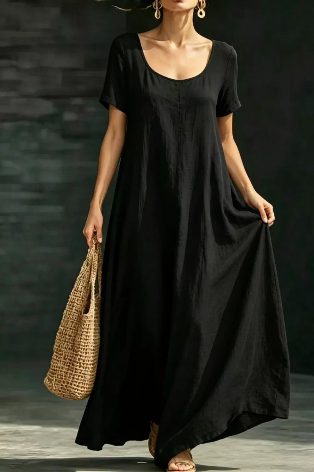 Casual Loose Short Sleeve Maxi Dress with Pockets