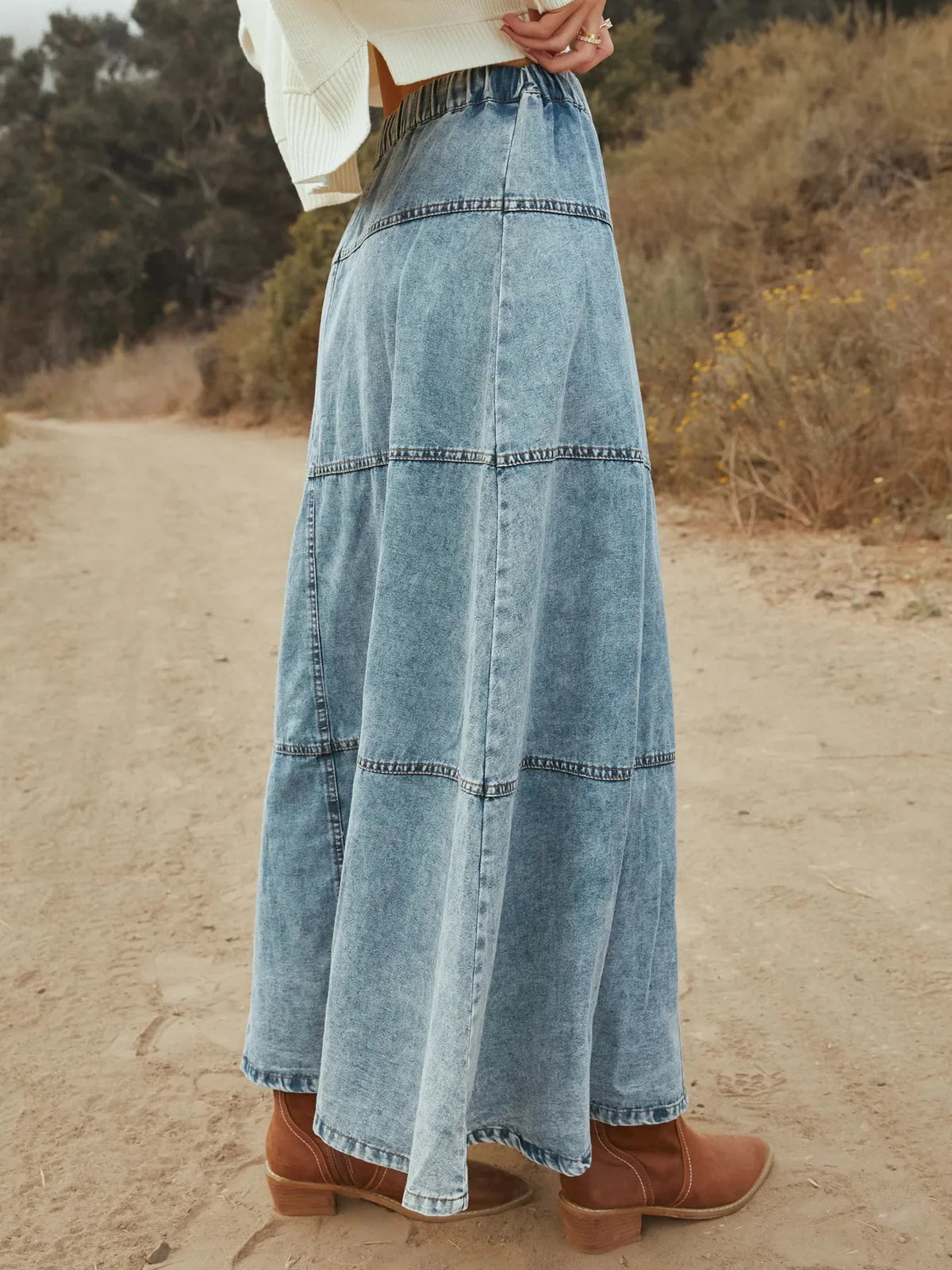 Button-Front Tiered Maxi Denim Skirt in Snow in Snow Color