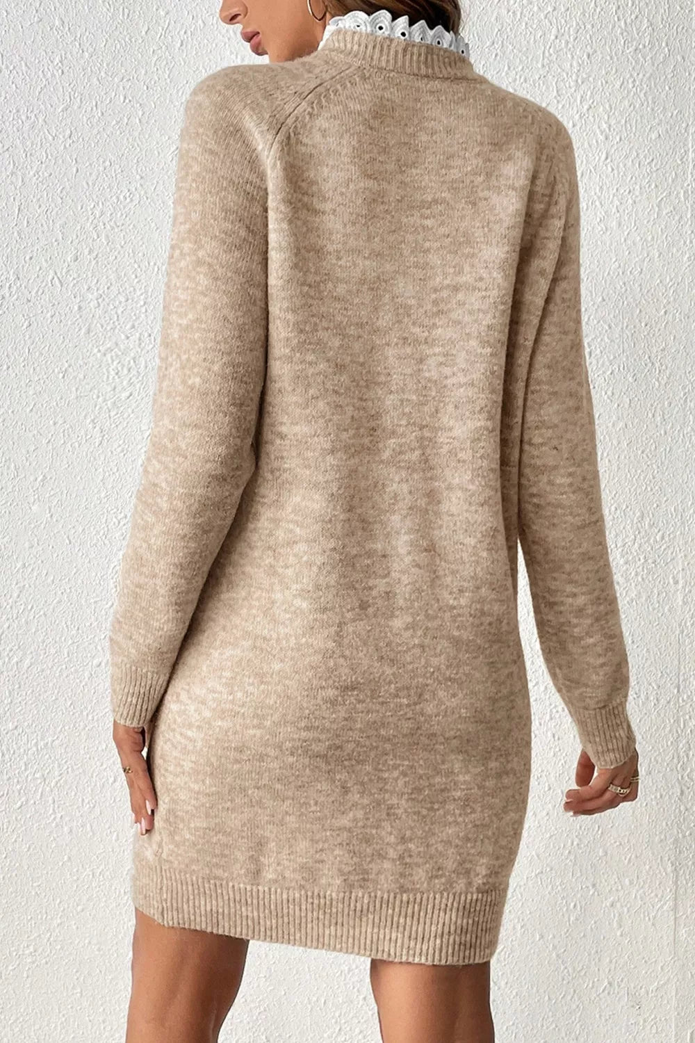 Ribbed Hem Raglan Sleeve Sweater Dress in Tan