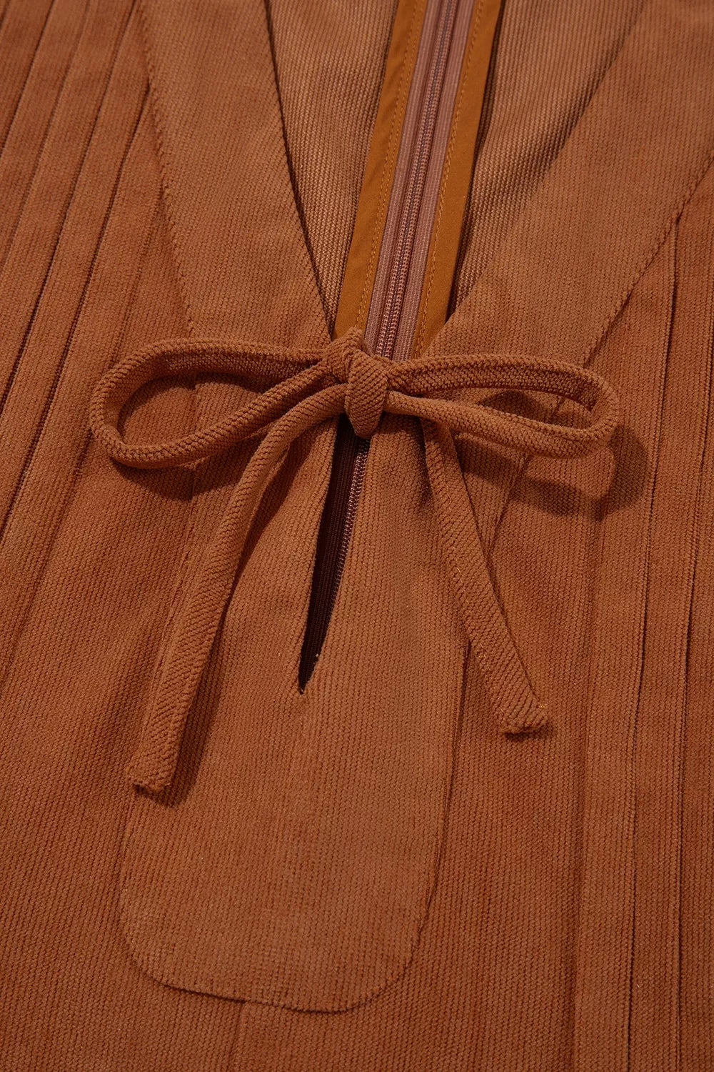 Tie V-Neck Corduroy Romper in Caramel