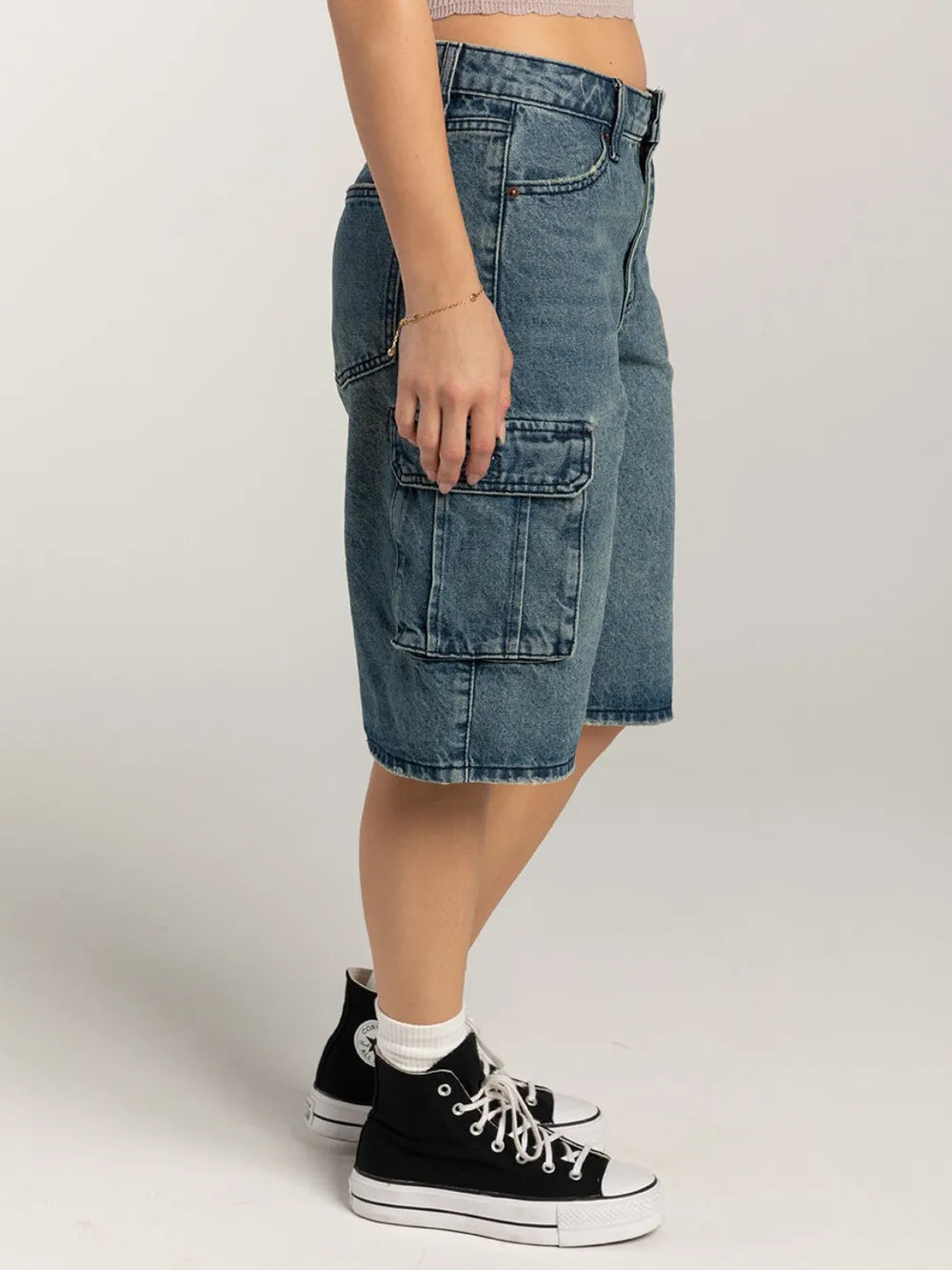 Mid-Rise Button-Front Denim Shorts by Y.Y@Denim