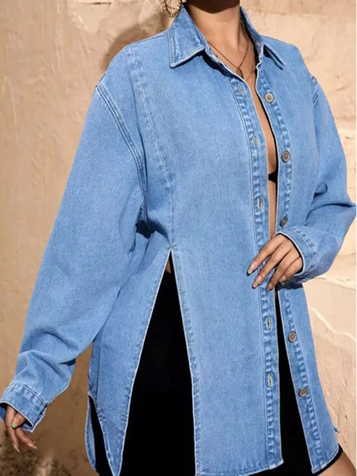 Slit Hem Button Up Denim Shirt in Blue