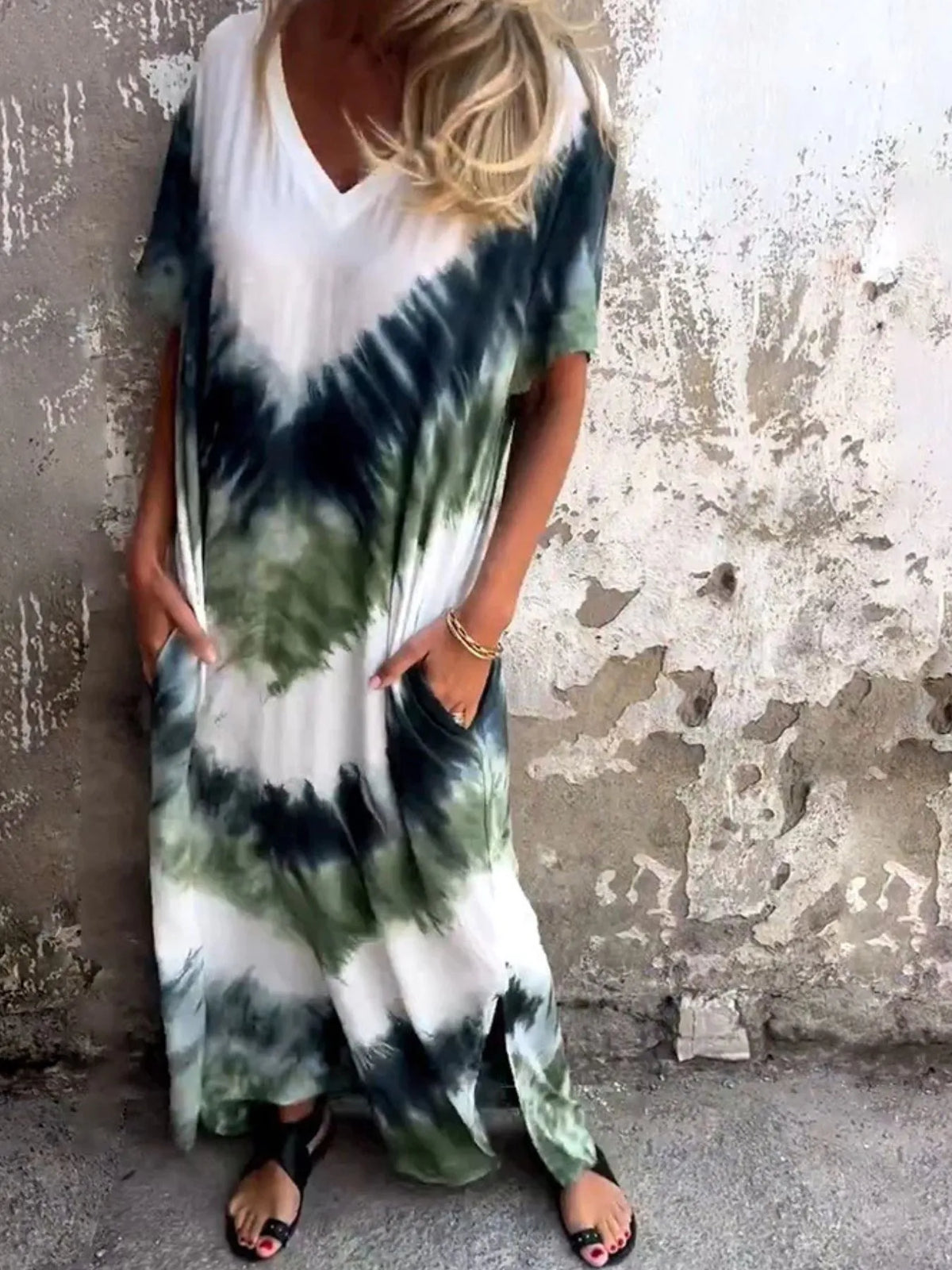 Tie-Dye V-Neck Midi Dress with Pockets