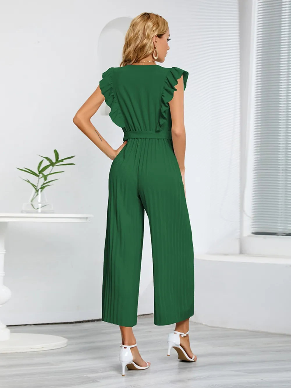 Ruffled Surplice Cap-Sleeve Jumpsuit