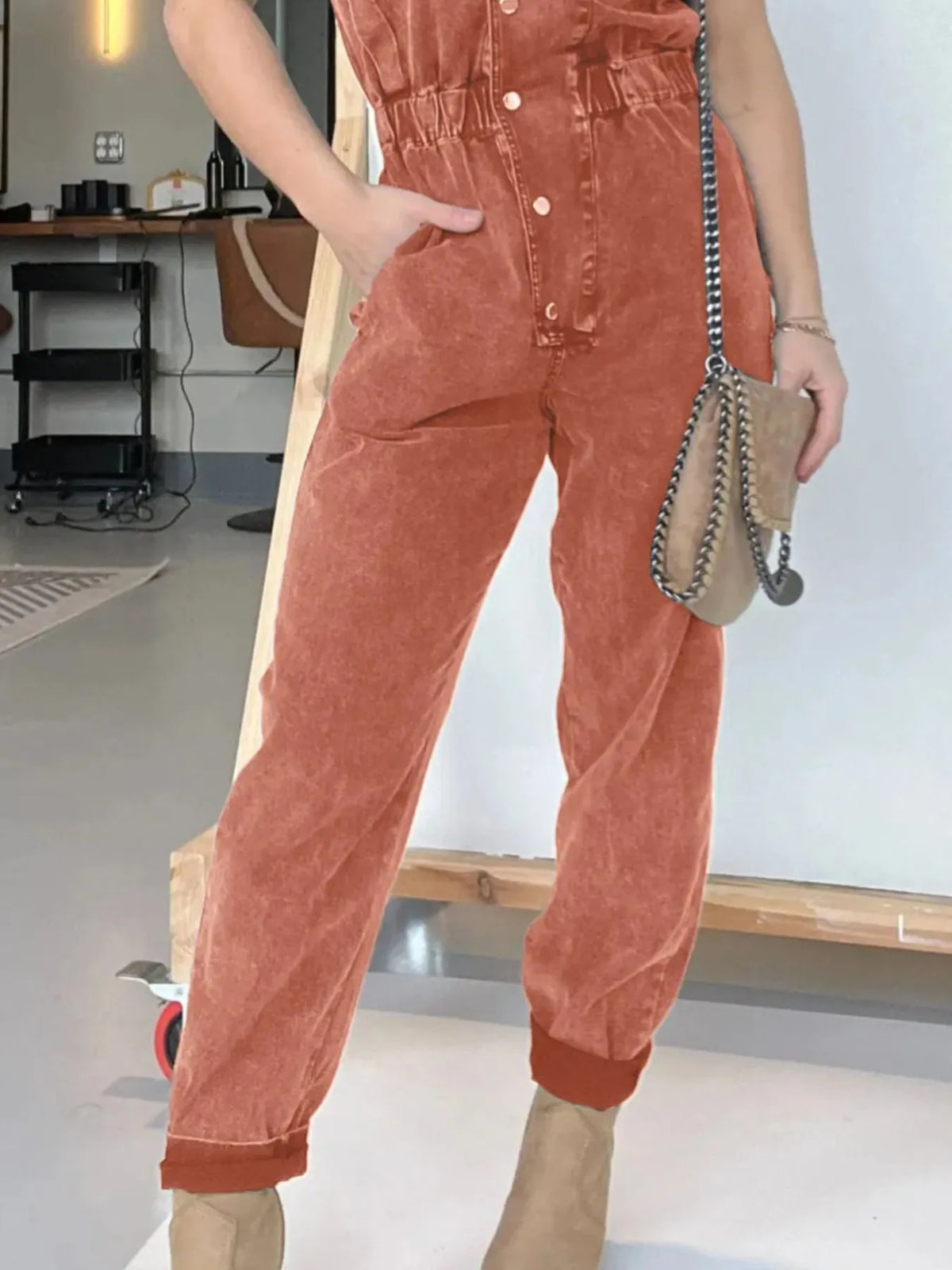Button Front Cap Sleeve Denim Jumpsuit