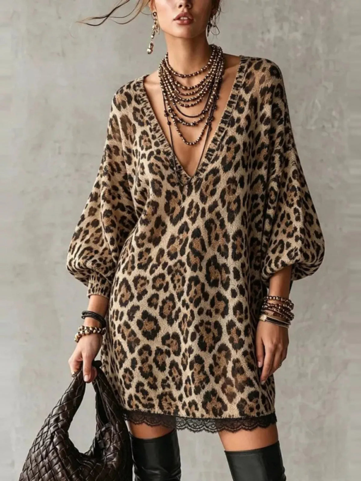 Leopard Print V-Neck Dress with Lace Hem