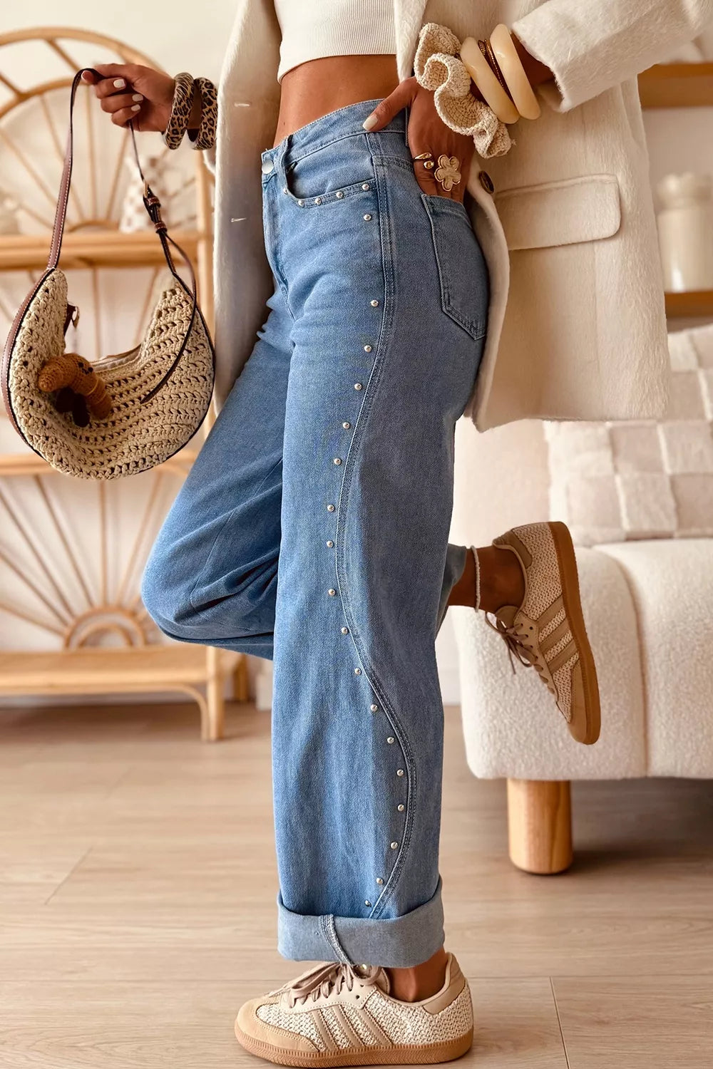 Studded Ankle Length Jeans in Dusty Blue
