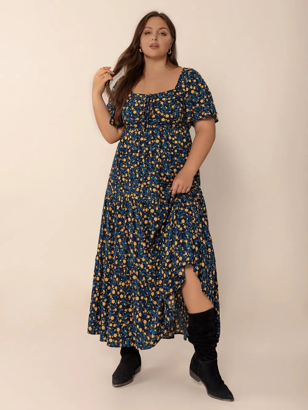 Printed Short-Sleeve Tiered Maxi Dress in Black