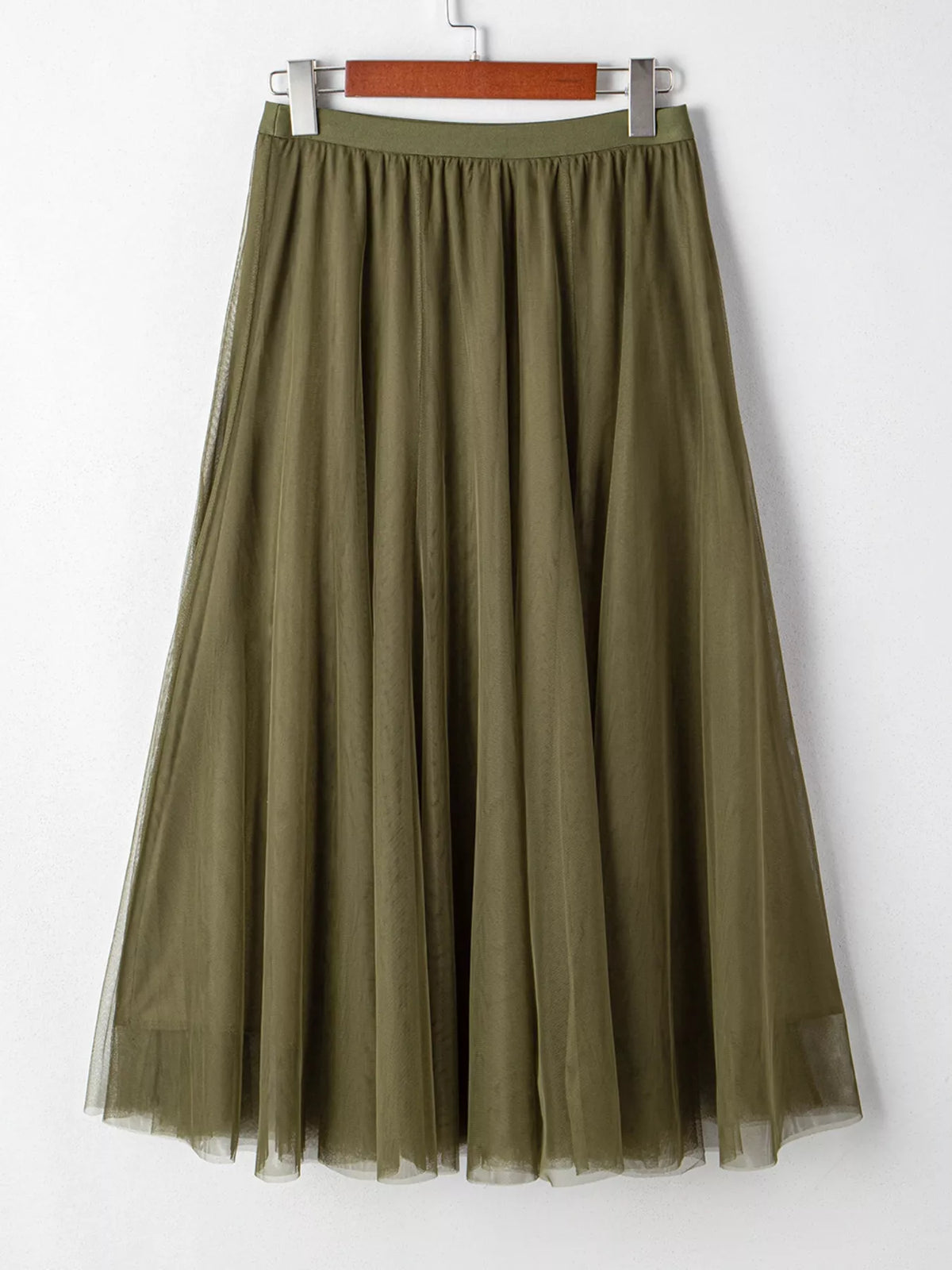 Tulle A-Line Midi Skirt in Army Green