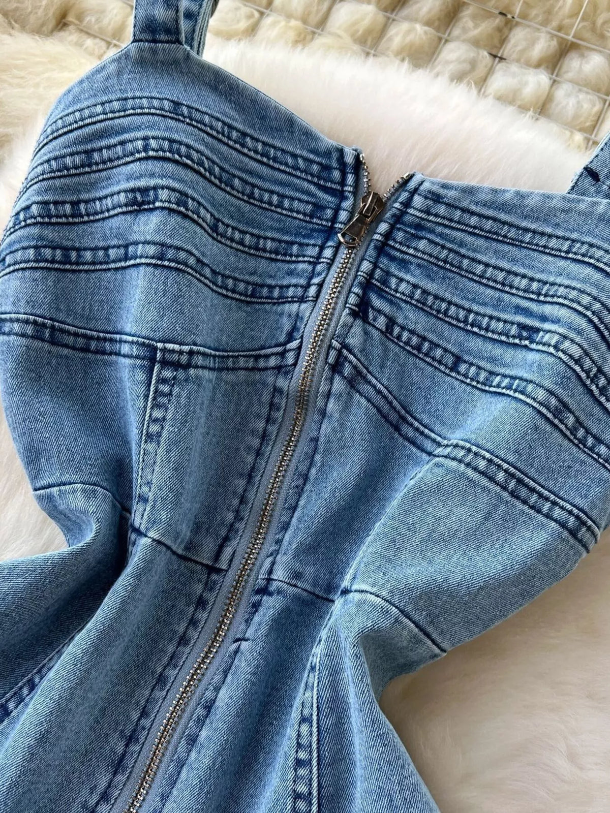 Sleeveless Zip-Front A-Line Denim Dress in Blue