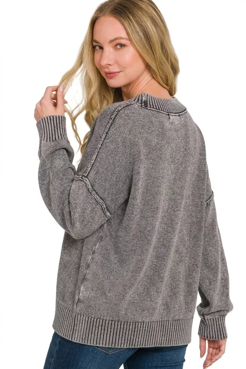Zenana Washed Deep V-Neck Sweater in Black