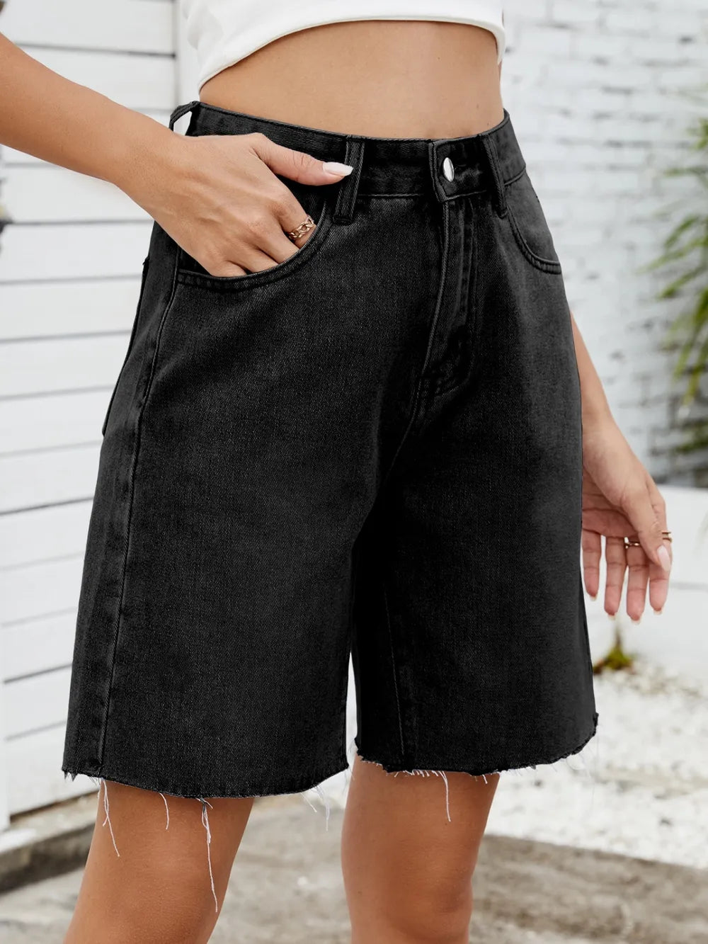 Washed Raw Hem Denim Shorts by Moni Wear