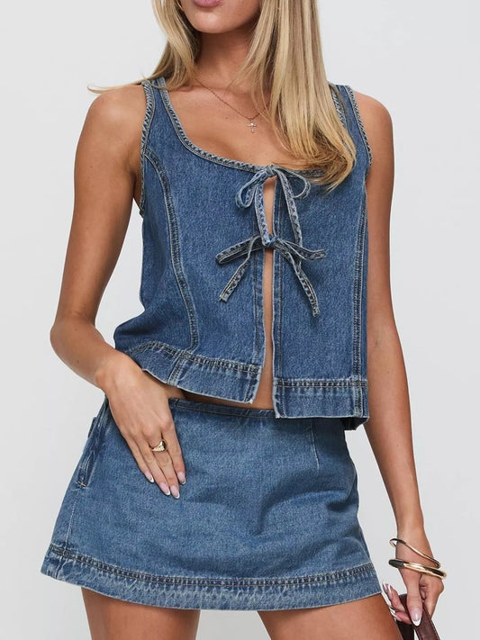 Tie-Front Denim Tank and Skirt Set in Blue