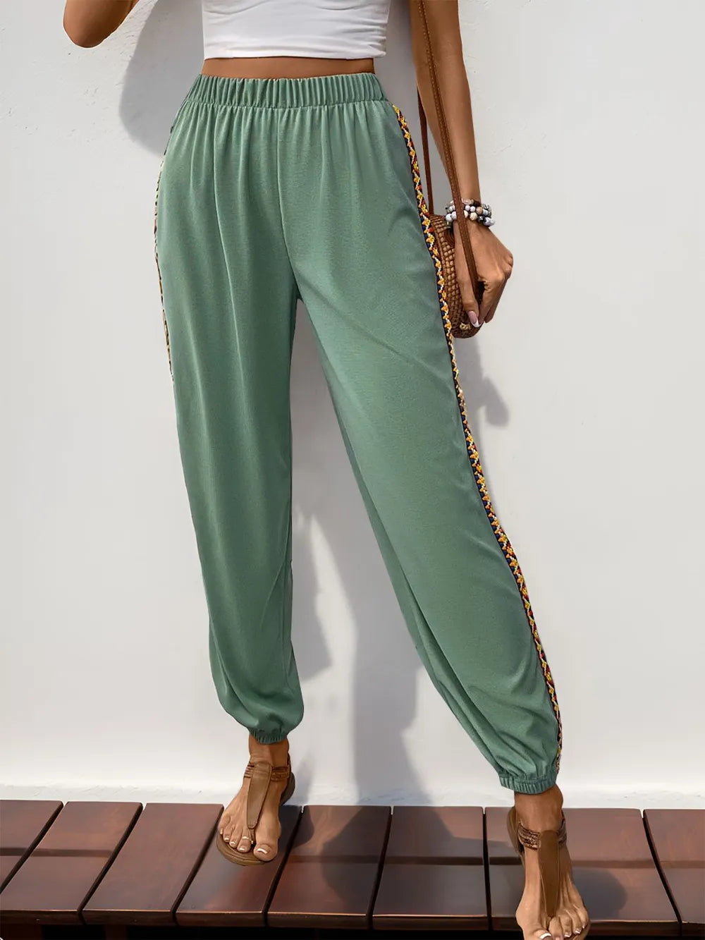 Patchwork Elastic-Waist Joggers in Gum Leaf