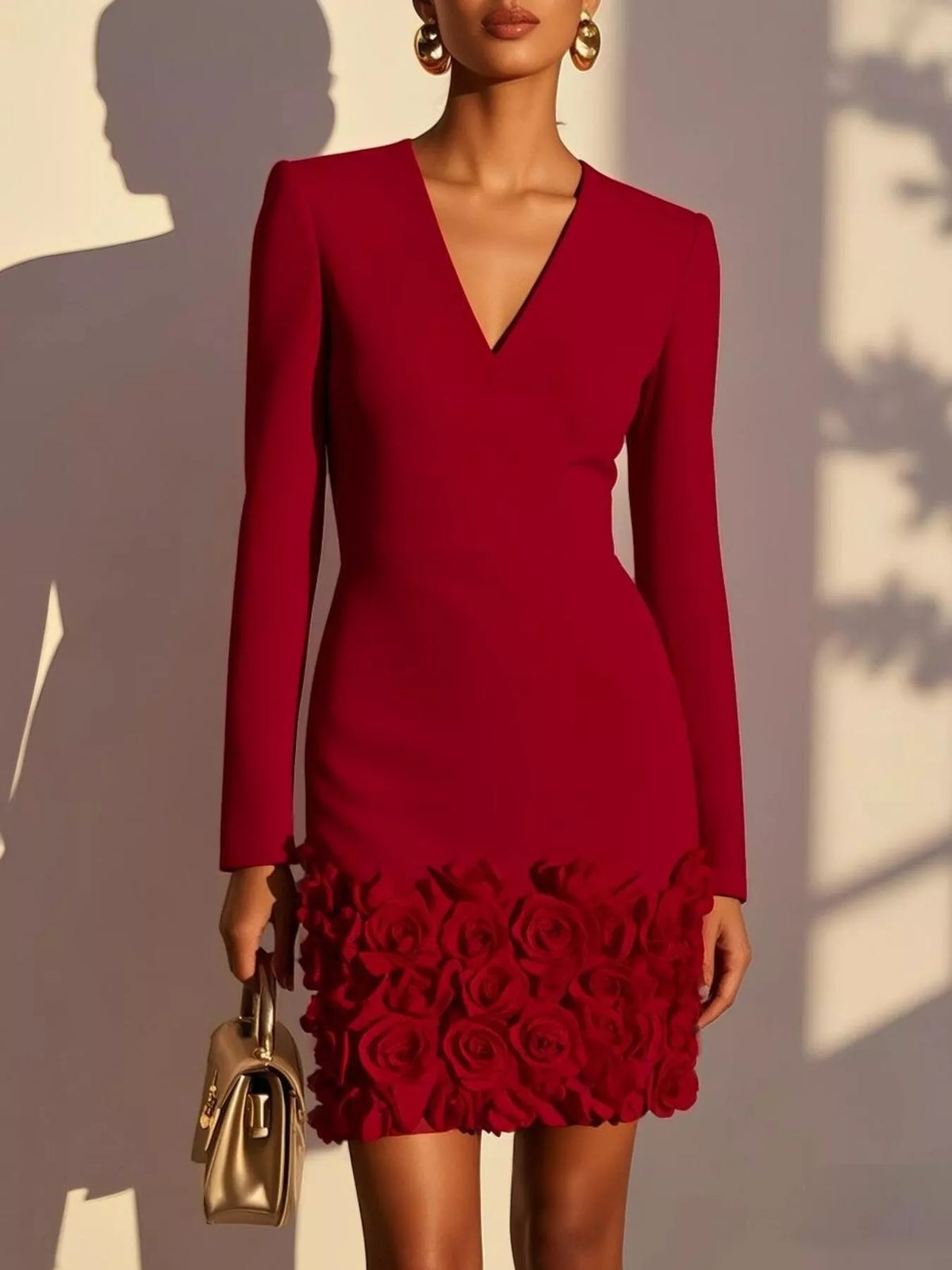 V-Neck Mini Dress with 3D Rose Appliqué Hem