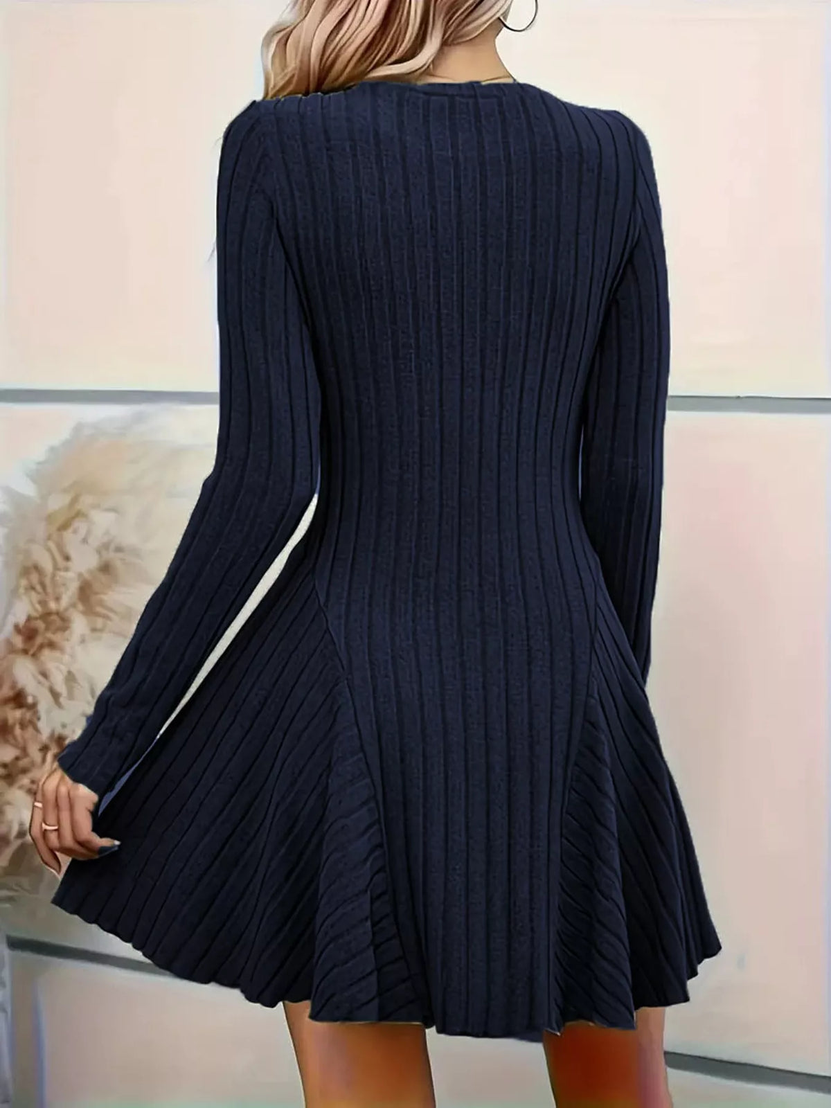 V-Neck Ribbed Knit A-Line Dress