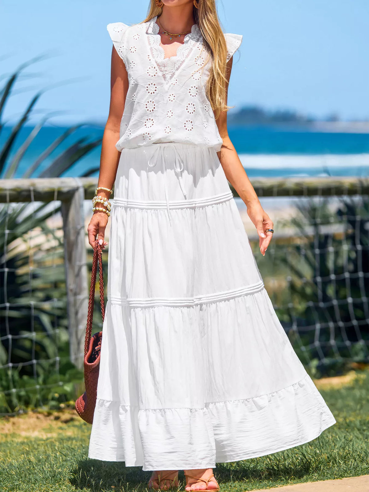 Flowy Tiered Maxi Skirt in White