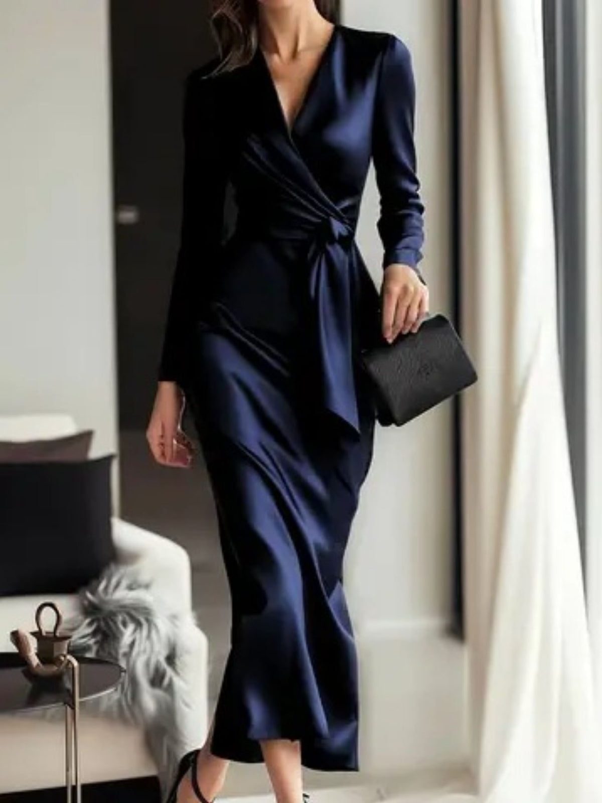 Satin Tie-Waist Long-Sleeve Dress