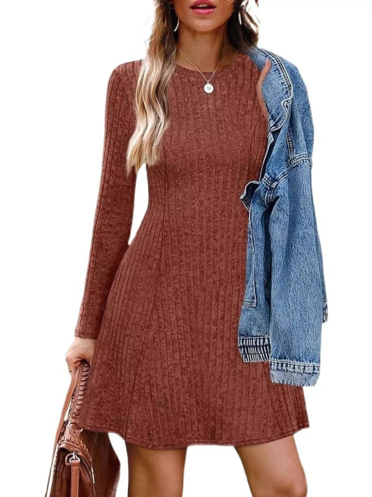Ribbed Knit Long Sleeve Slim Fit Dress