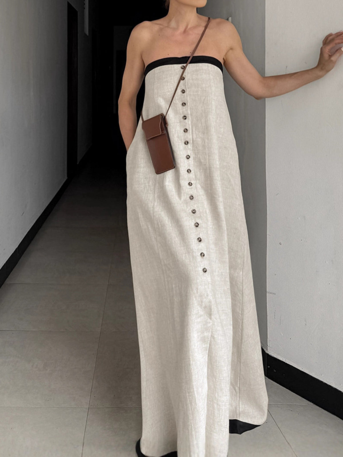Contrast Trim Button-Front Maxi Dress in Beige
