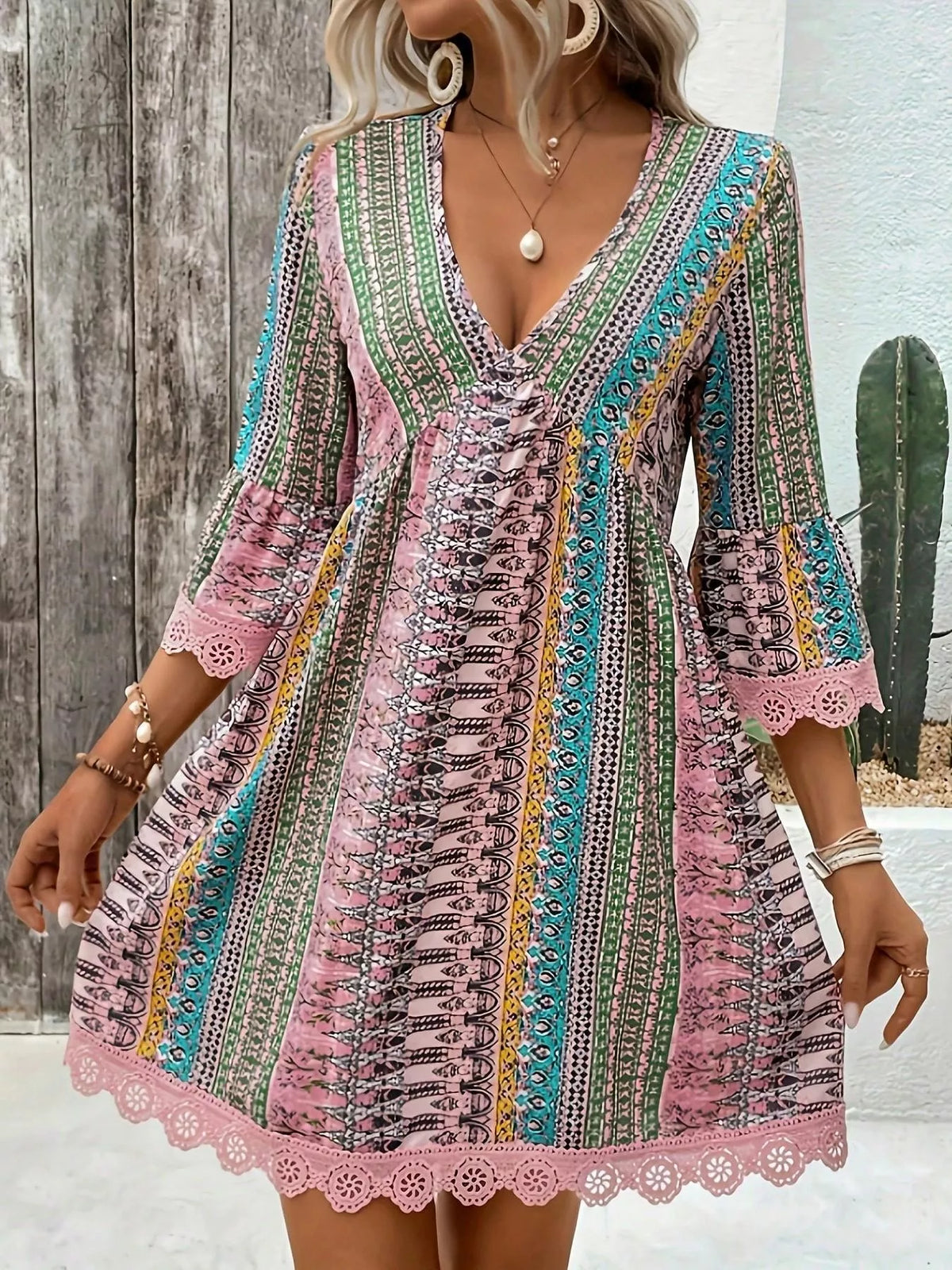 Printed V-Neck A-Line Dress with Lace Detail