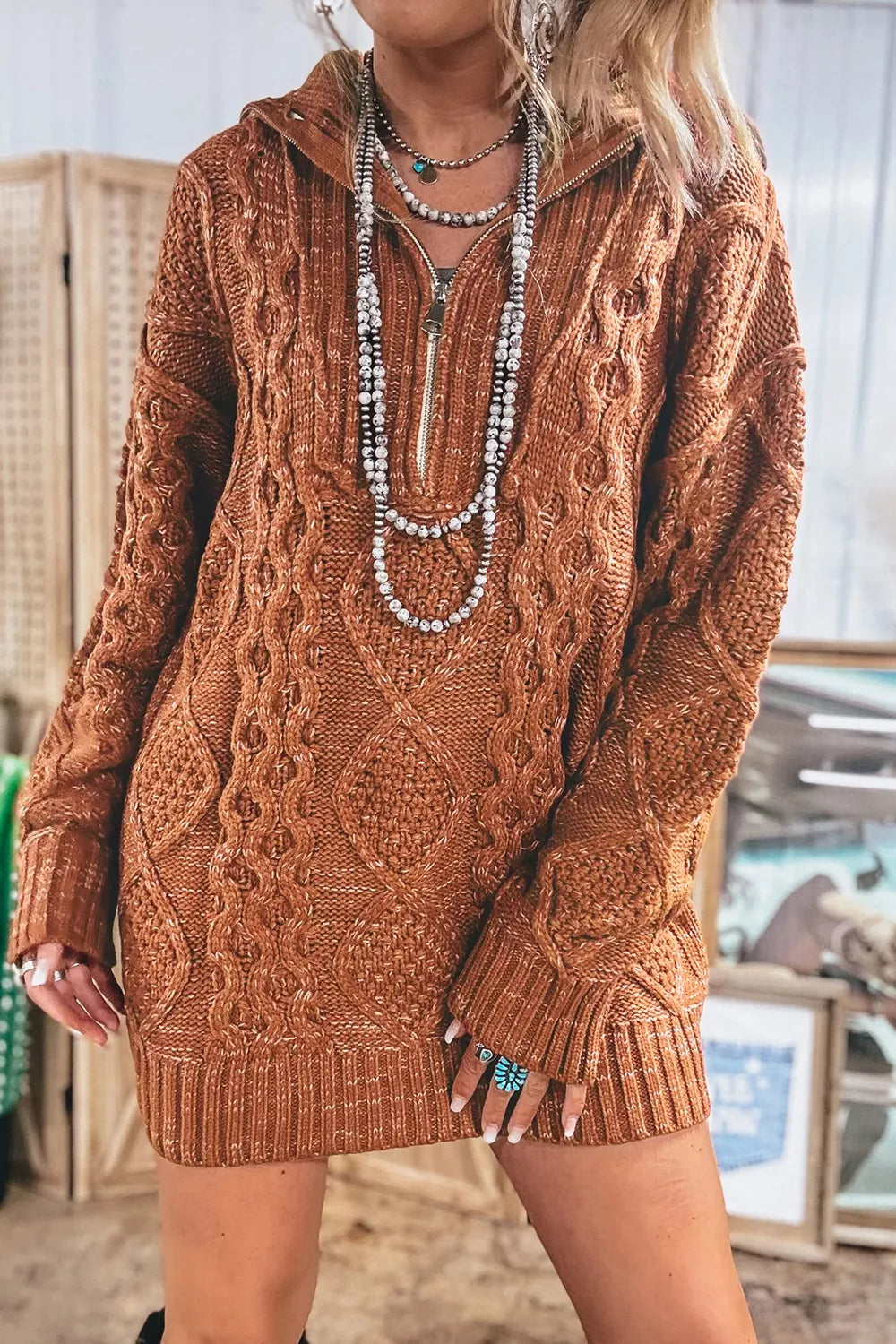 Zip-Up Cable Knit Drop Shoulder Sweater Dress in Caramel