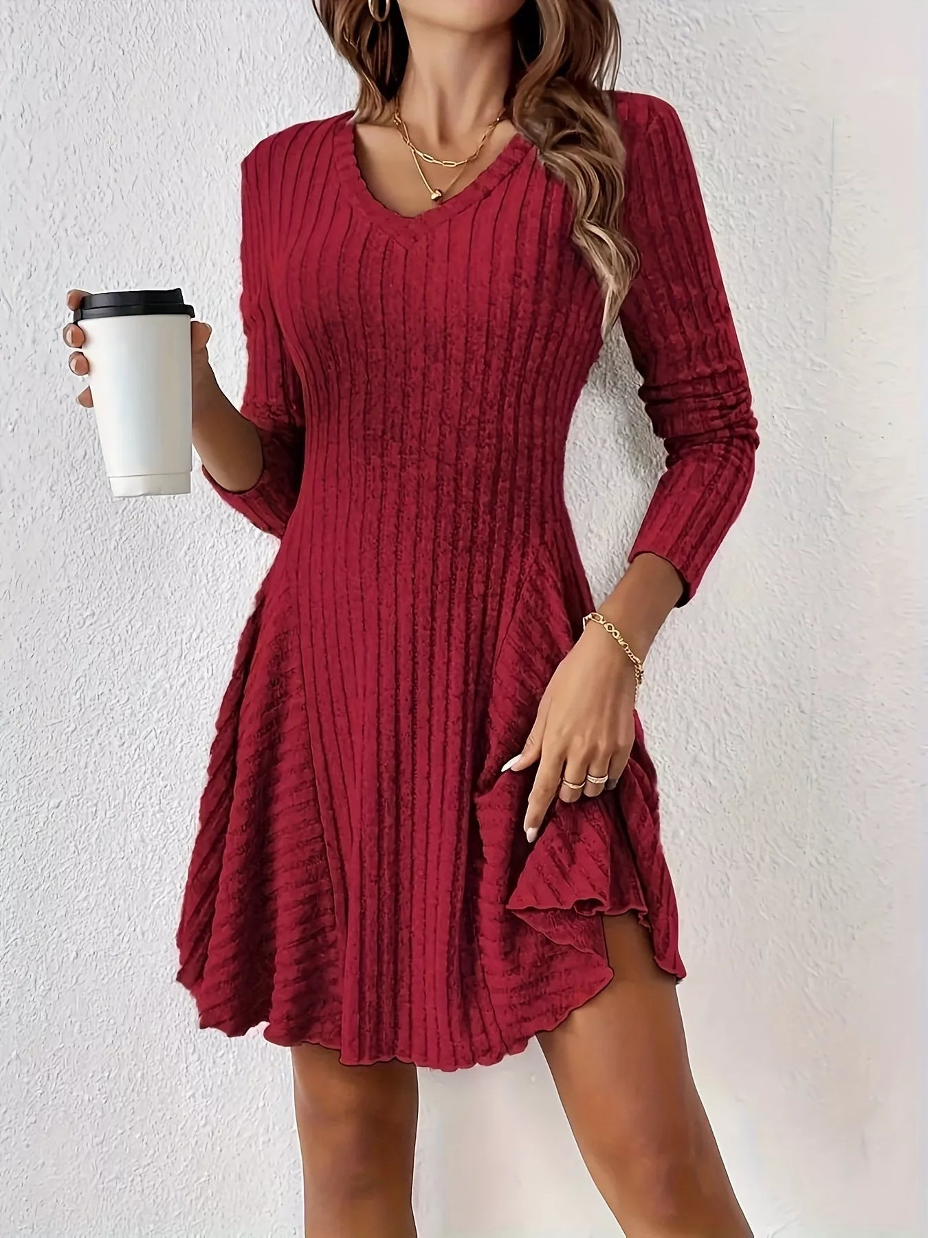 V-Neck Ribbed Knit Flared Dress
