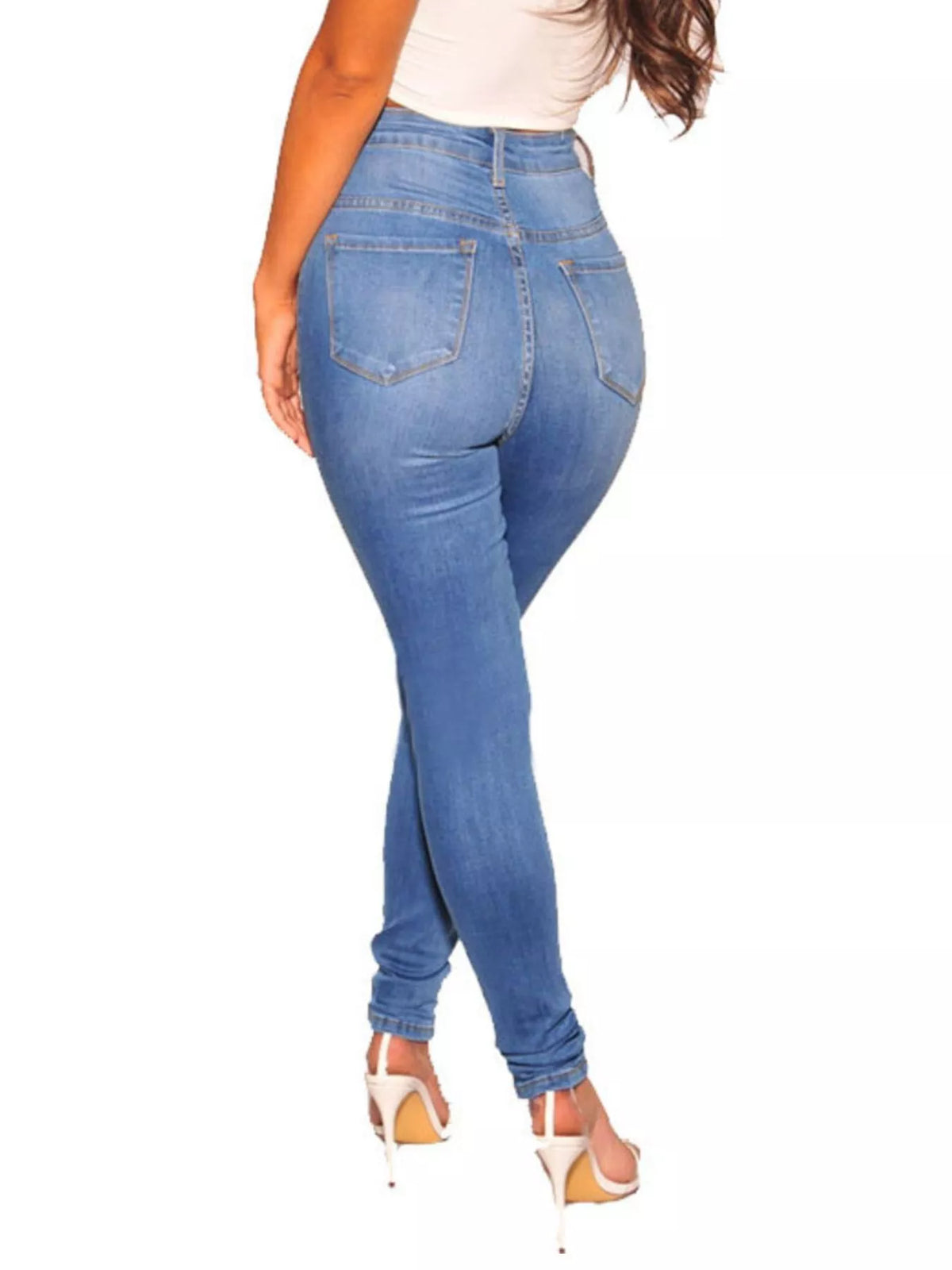 High-Waisted Skinny Jeans in Dusty Blue