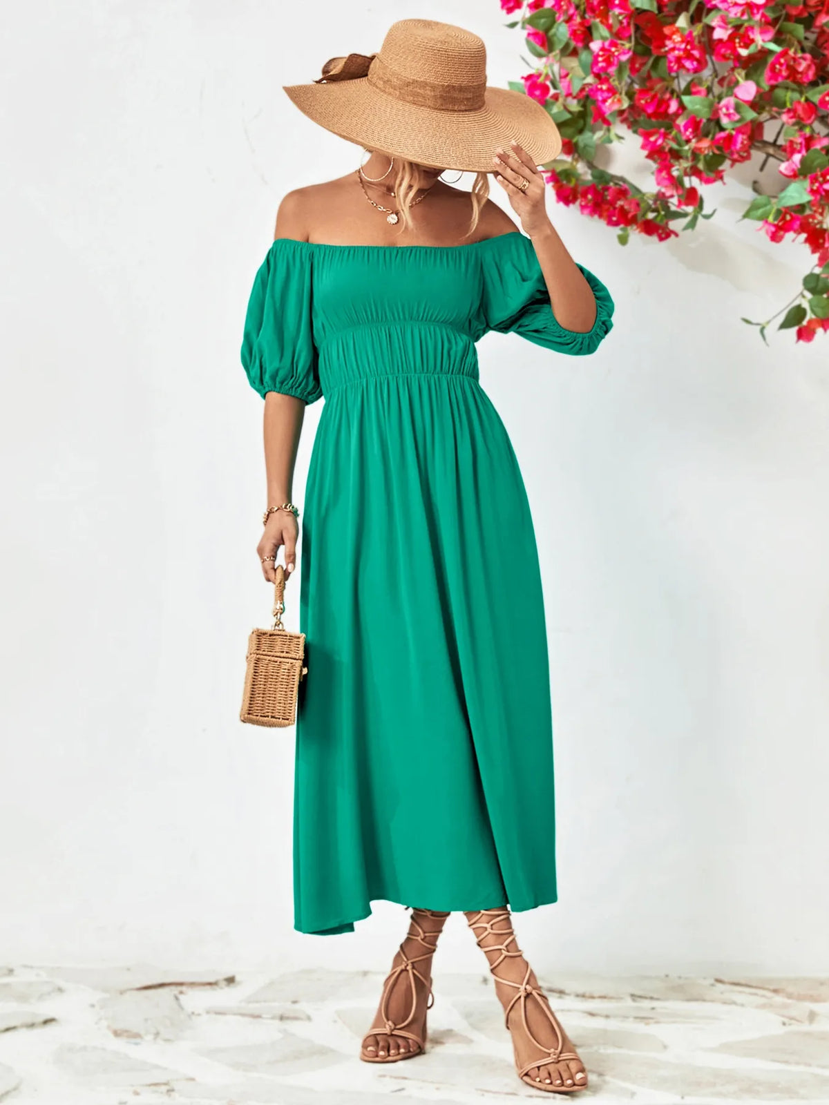 Off-Shoulder Puff-Sleeve Smocked Maxi Dress