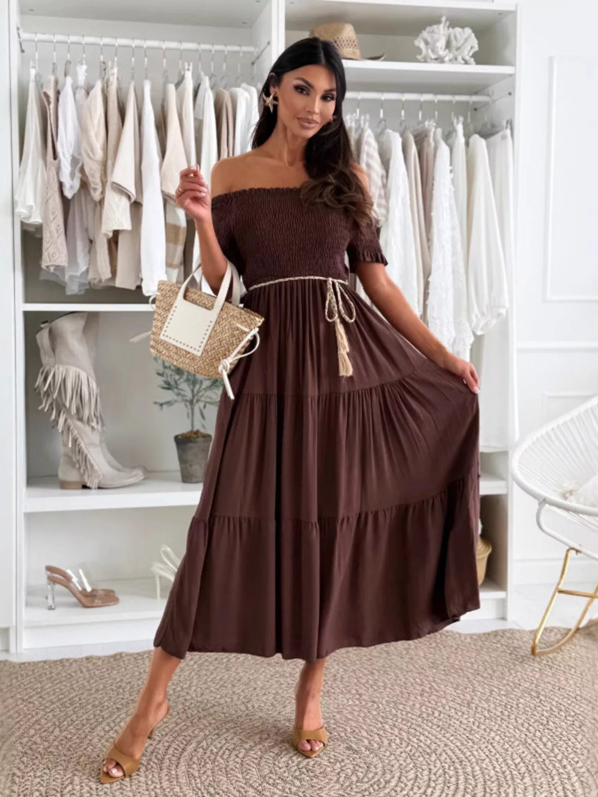 Off-Shoulder Smocked Tiered Midi Dress
