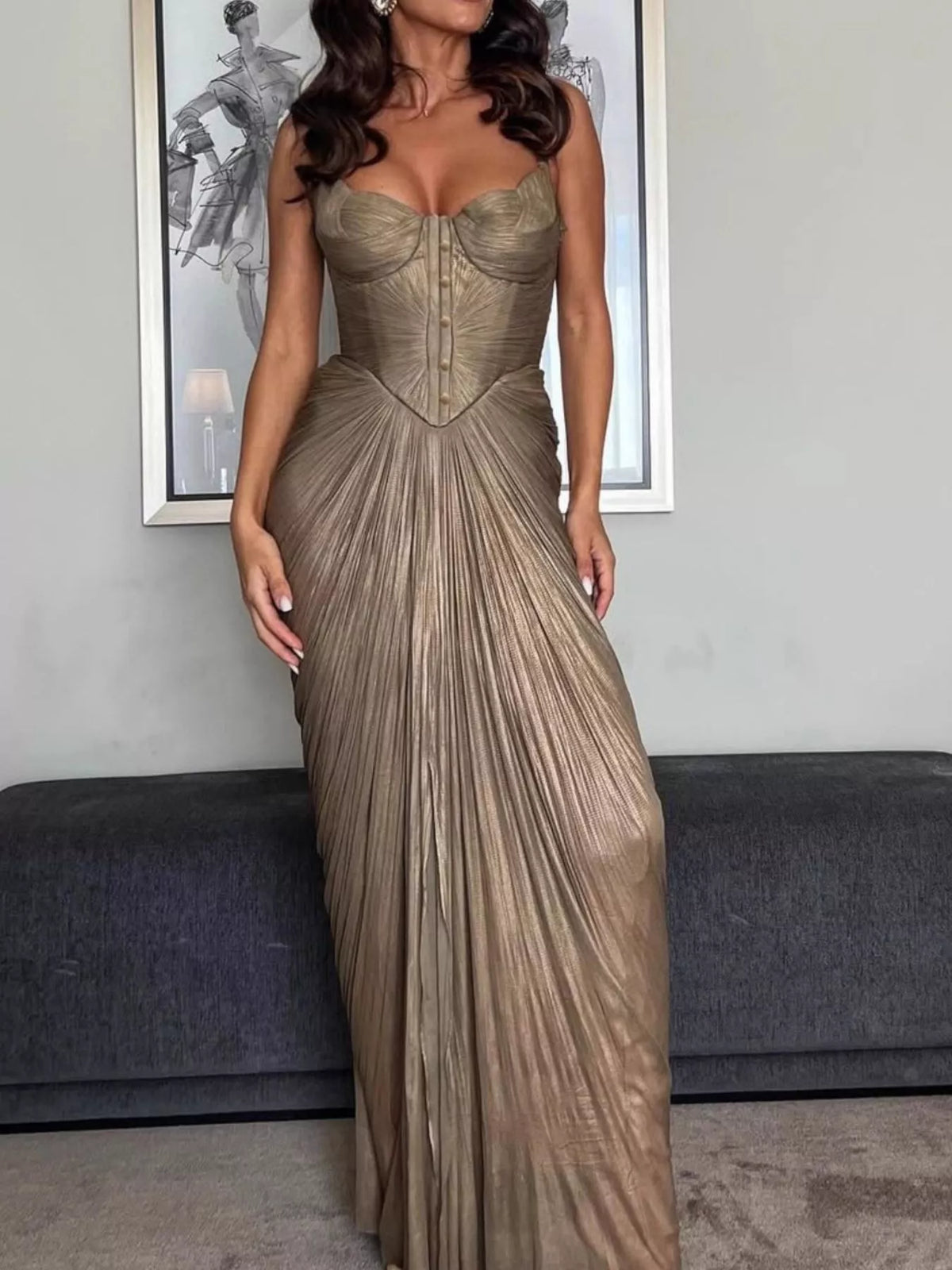 Metallic Pleated Corset Maxi Dress in Gold
