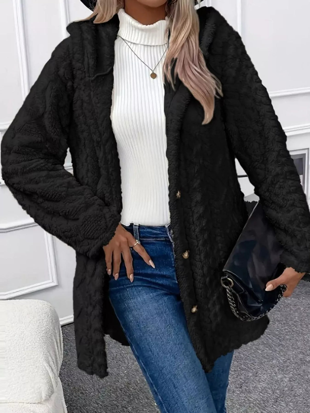 Cozy Cable-Knit Faux Fur Hooded Jacket
