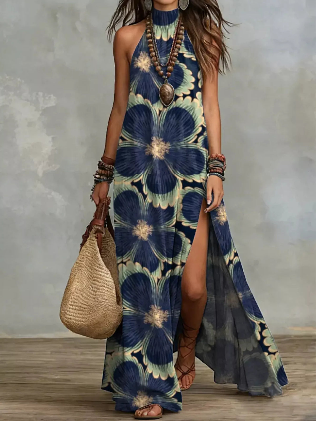 Printed Sleeveless Maxi Dress with Slit