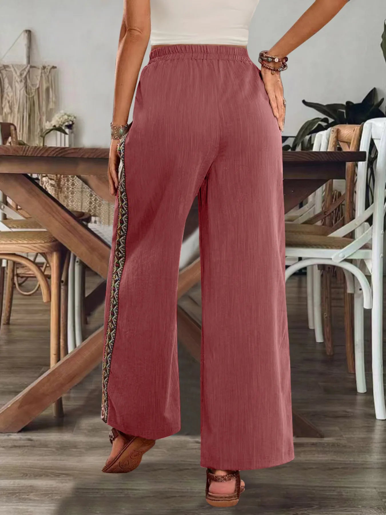 Embroidered Side-Stripe Wide-Leg Pants