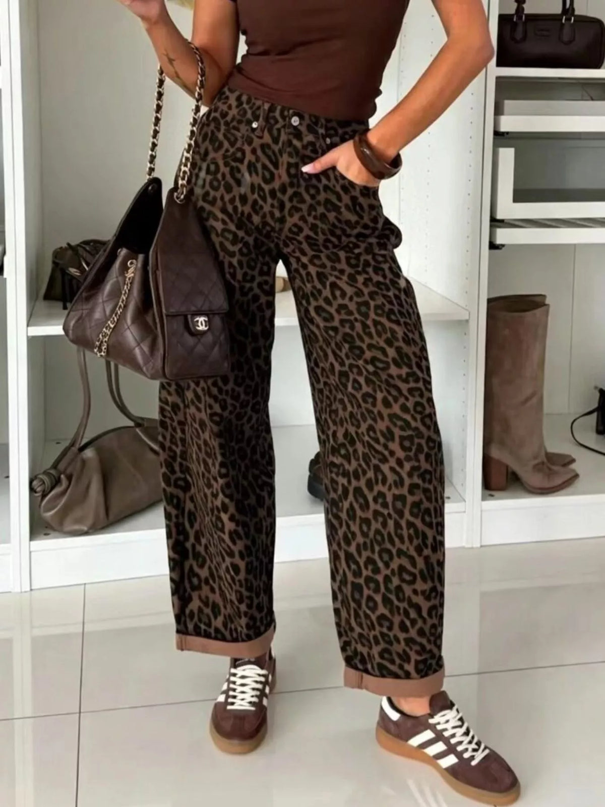 Leopard Print Wide Leg Jeans in Brown