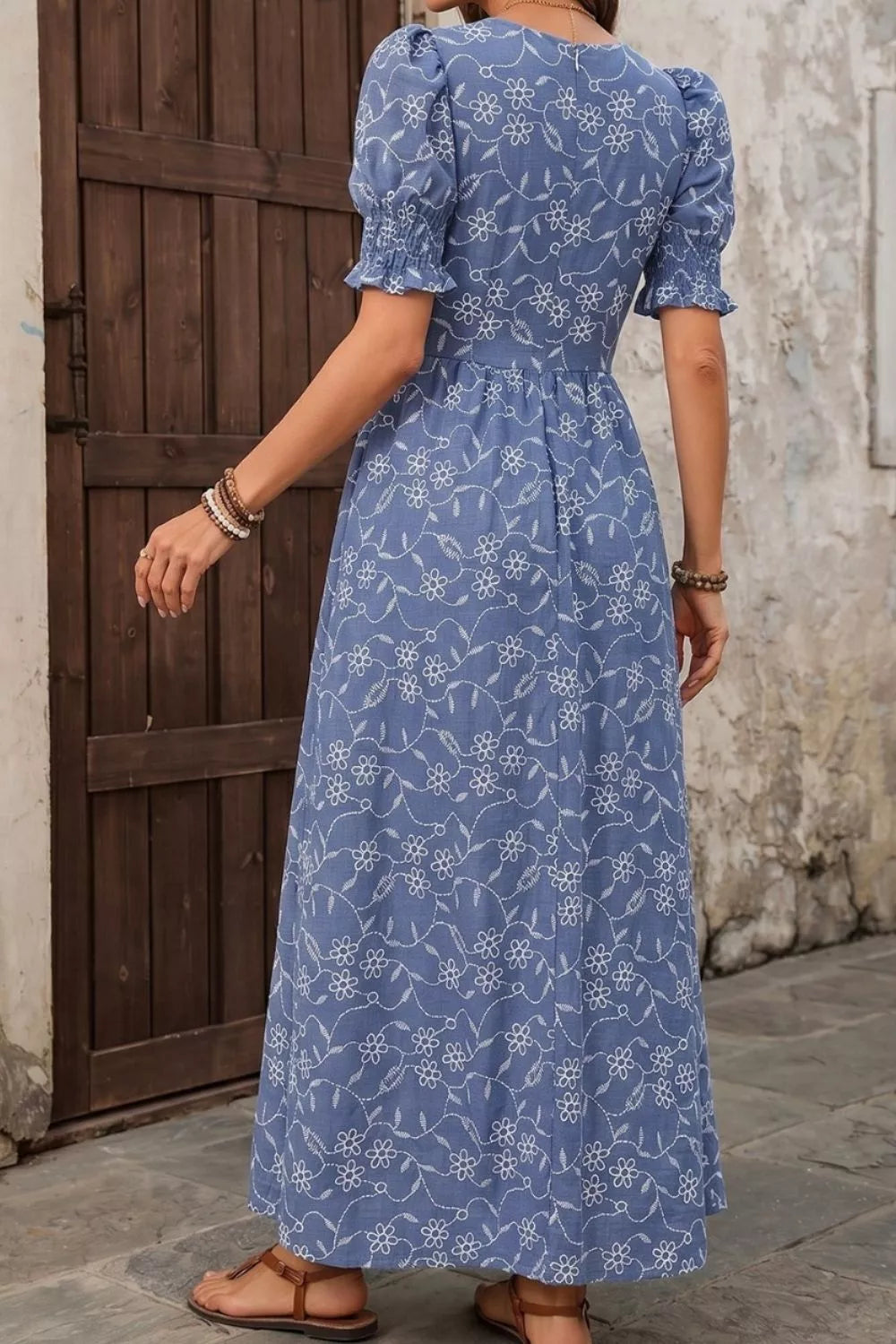 Square Neck Puff Sleeve Maxi Dress in Dusty Blue