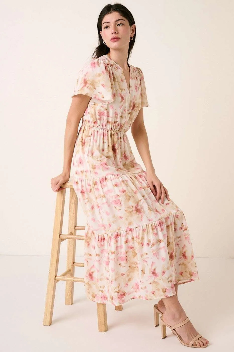 Flower Print Flutter Sleeve Maxi Dress in Pink by Mittoshop