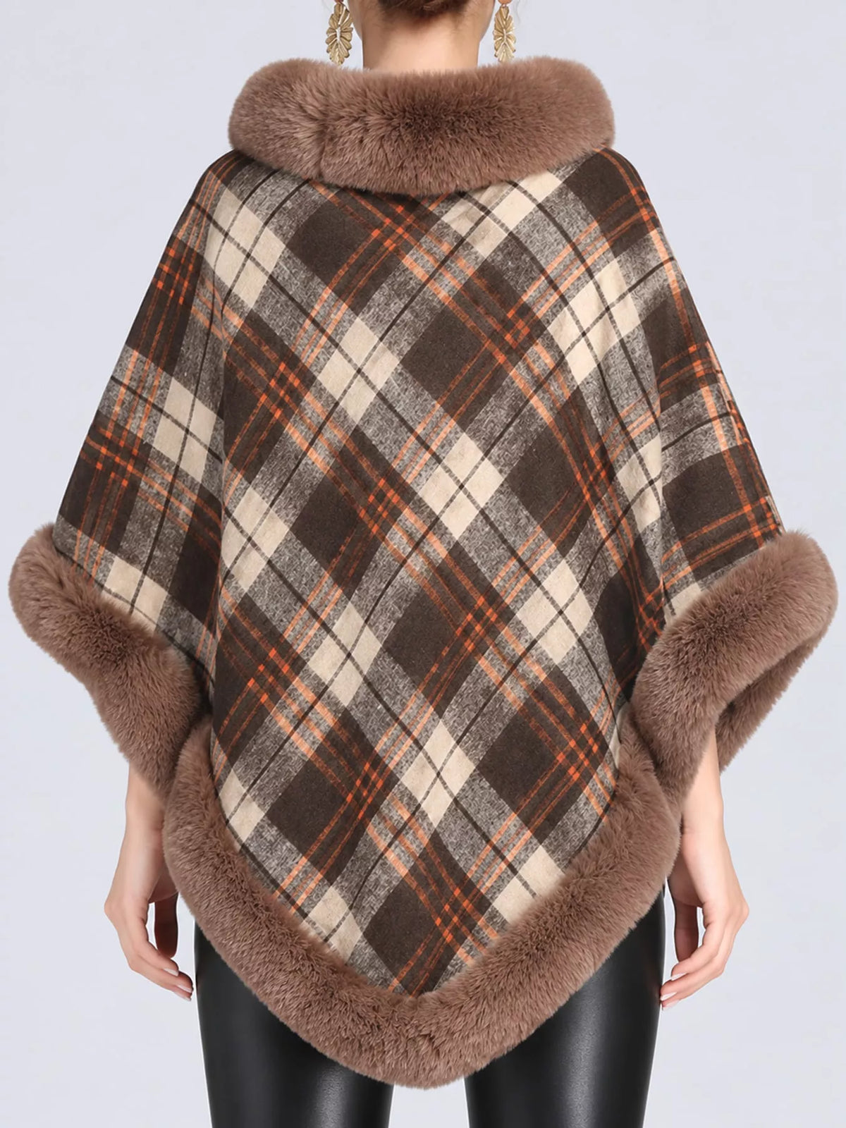 Plaid Faux Fur Trim Poncho Cape