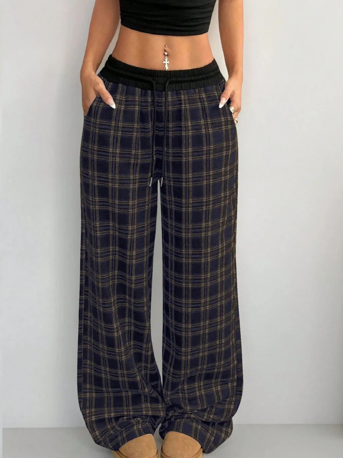 Plaid Wide-Leg Drawstring Pants in Scarlet