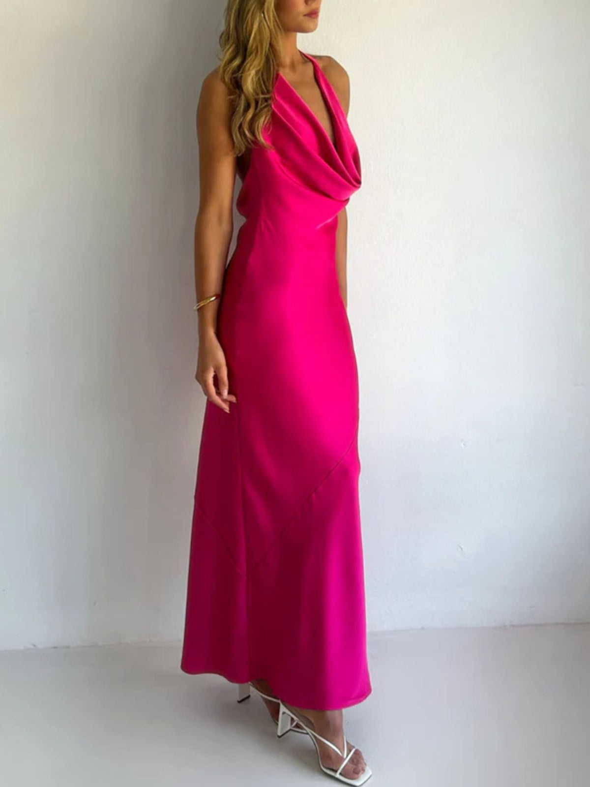 Halter Neck Ruched Satin Maxi Dress