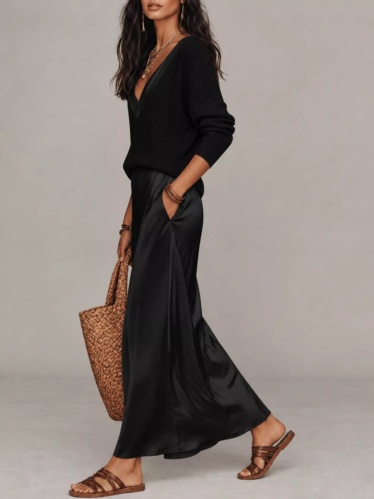 V-Neck Top and Satin Midi Skirt Set