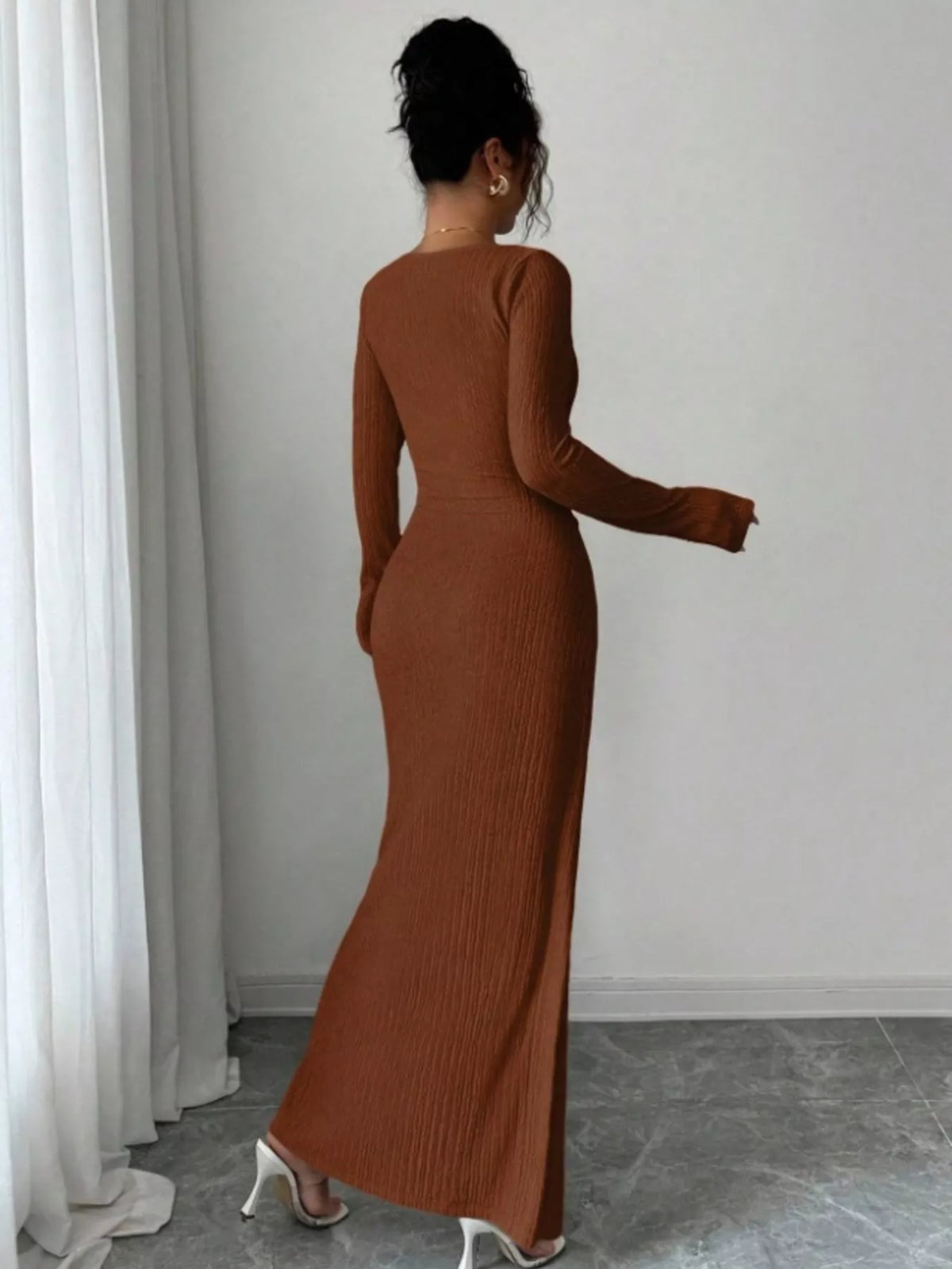 Ribbed Asymmetrical Neck Slit Maxi Dress