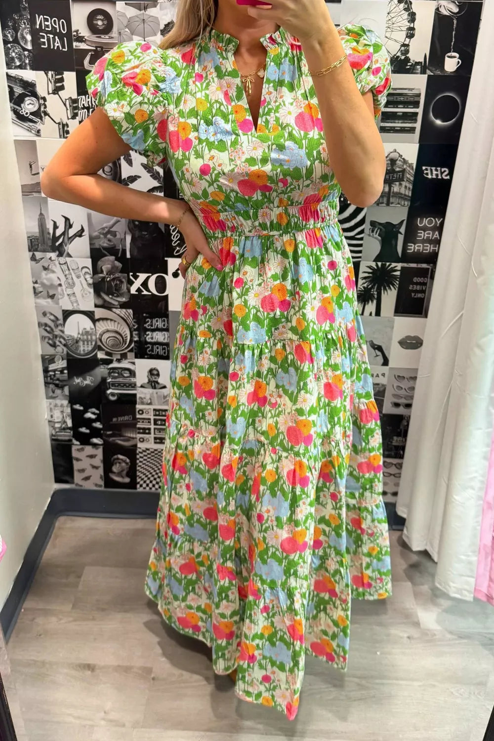 Floral Print V-Neck Puff Sleeve Cotton Maxi Dress in Lime