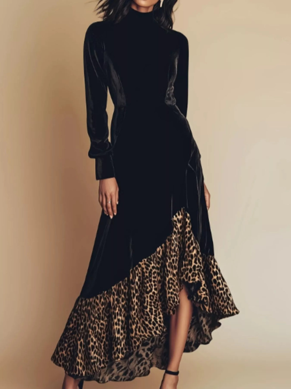 Leopard Ruffle Hem Mock Neck Dress in Black