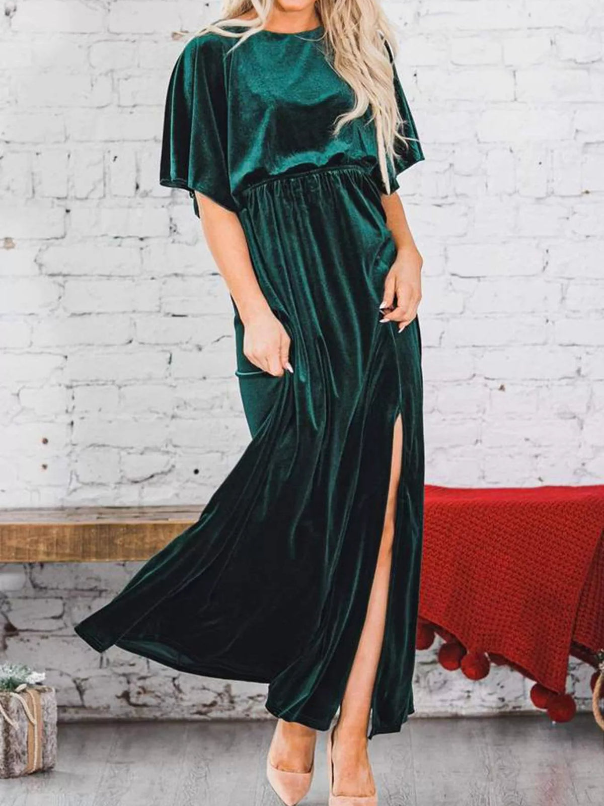 Flutter-Sleeve Velvet Maxi Dress