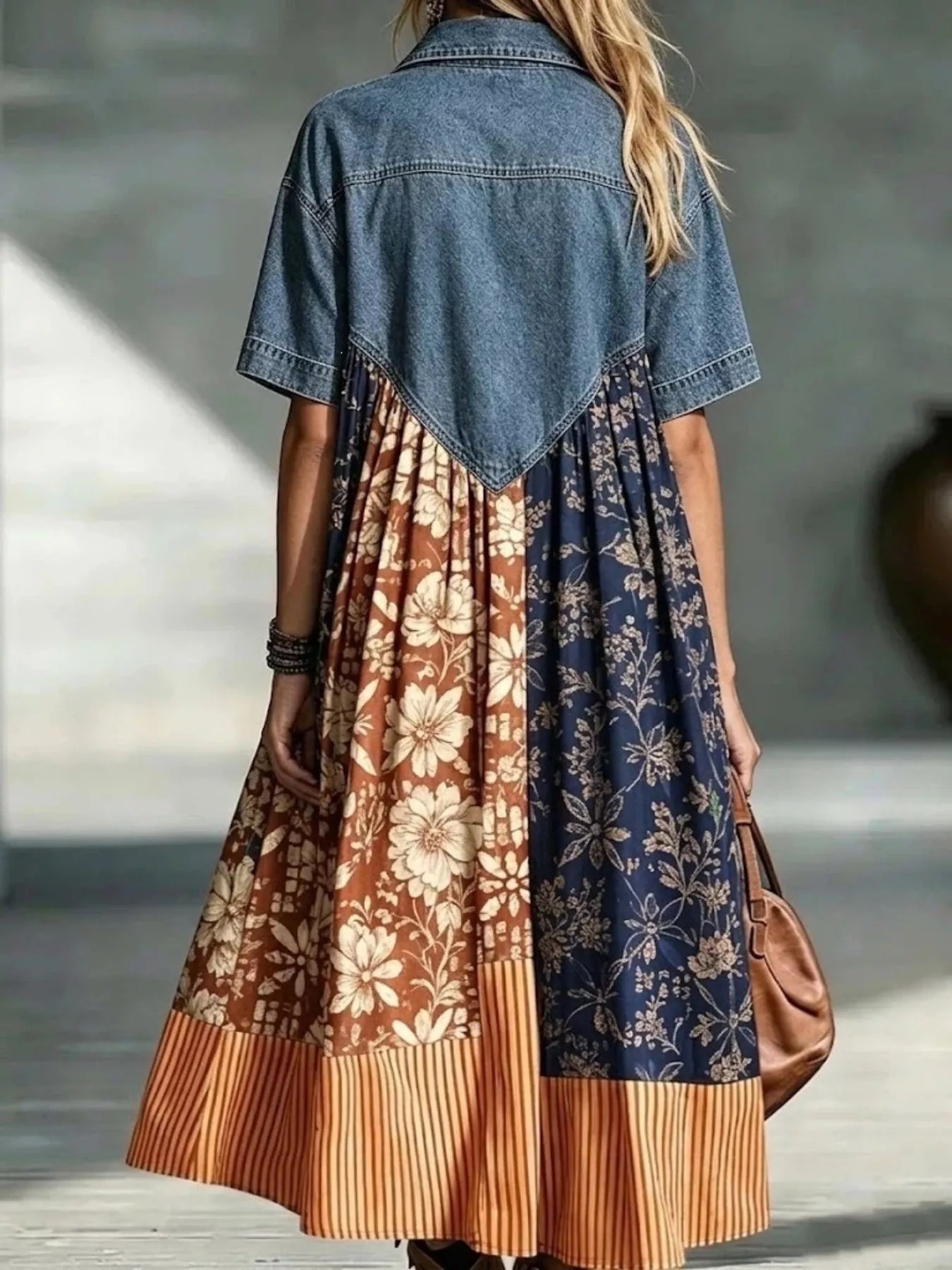 Denim Patchwork Print Shirt Dress