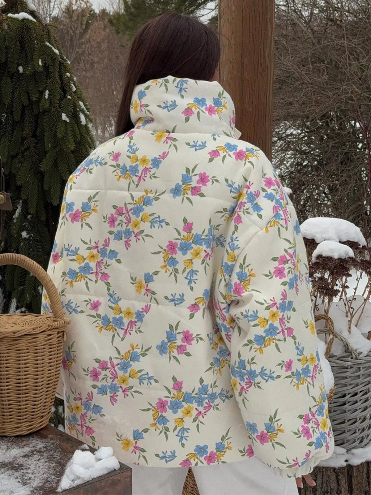 Floral Print Puffer Jacket in White by Prisca