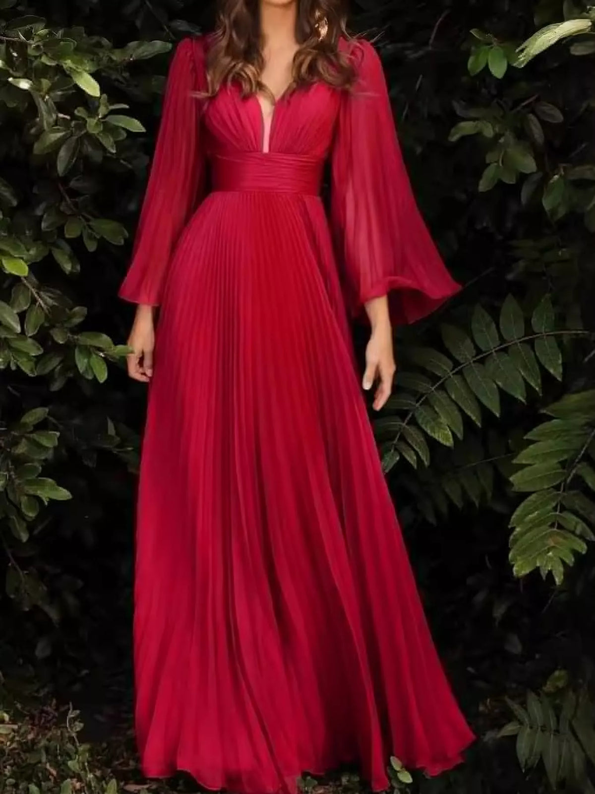 Sheer Pleated V-Neck Maxi Dress